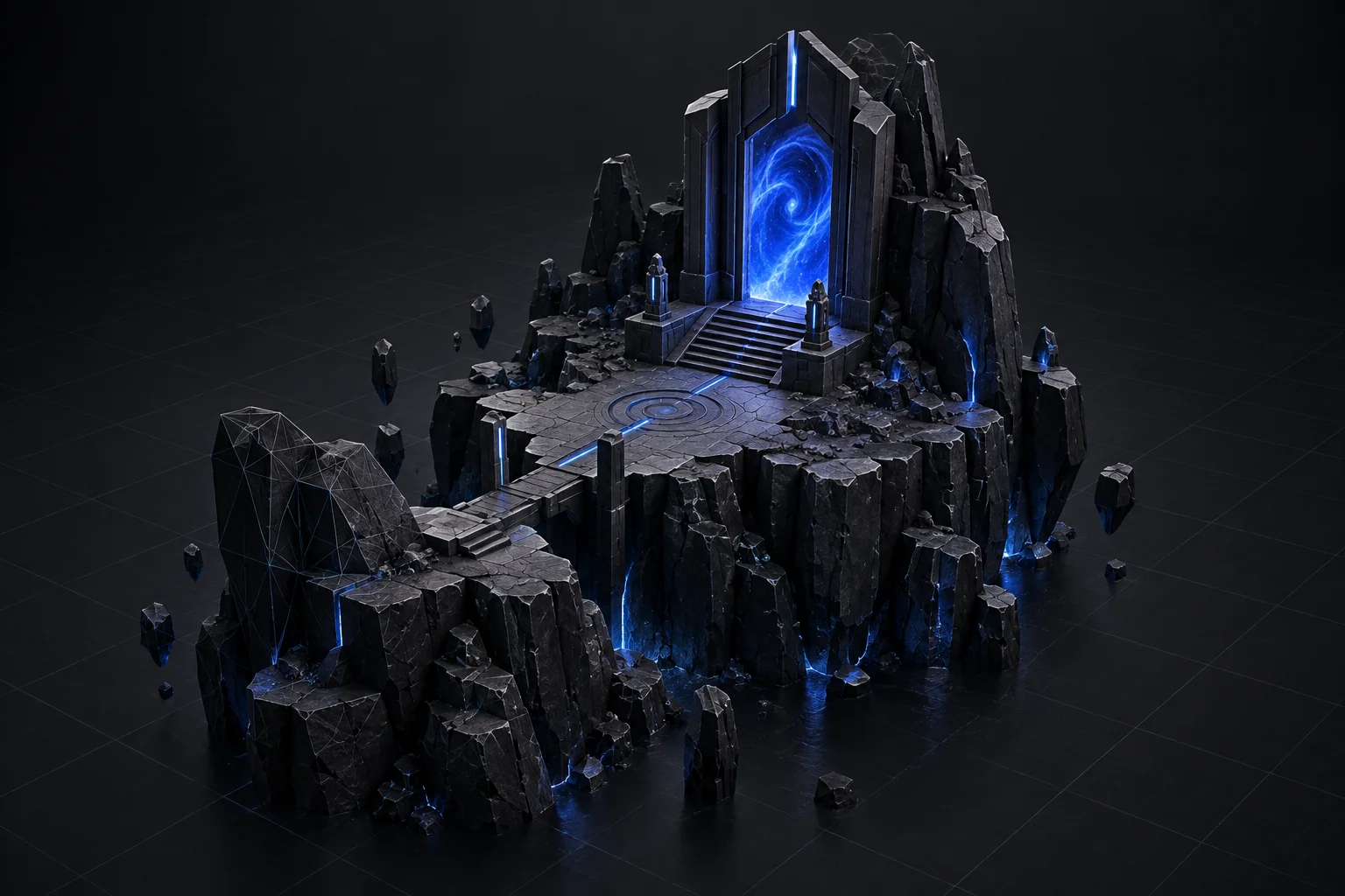 Illustrative 3D game environment with angular rock formations, a blue portal, and wireframe details.