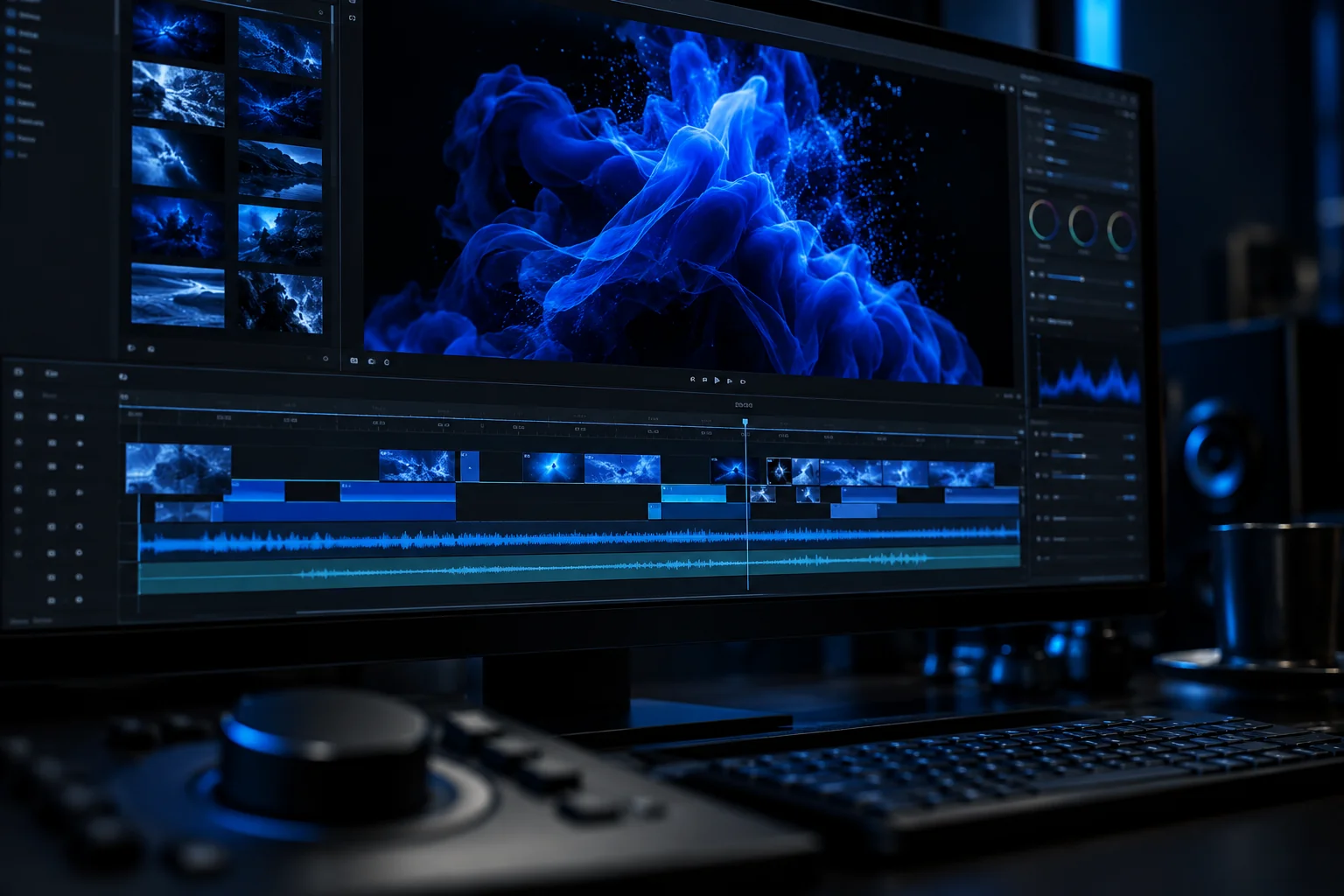 Illustrative video editing workspace with blue footage, editing tracks, and audio waveforms.